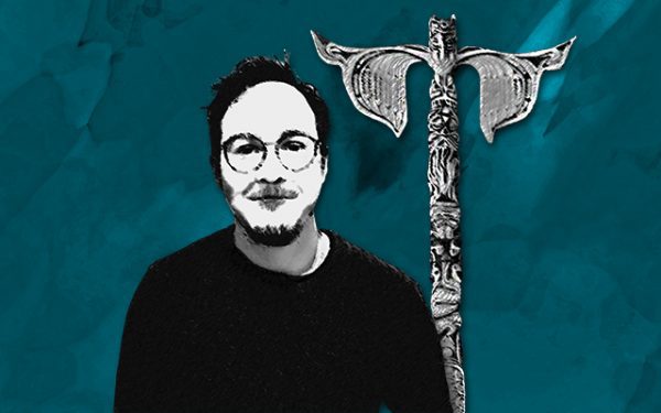 A black and white graphic of a person wearing a black sweater, against a turquoise background.