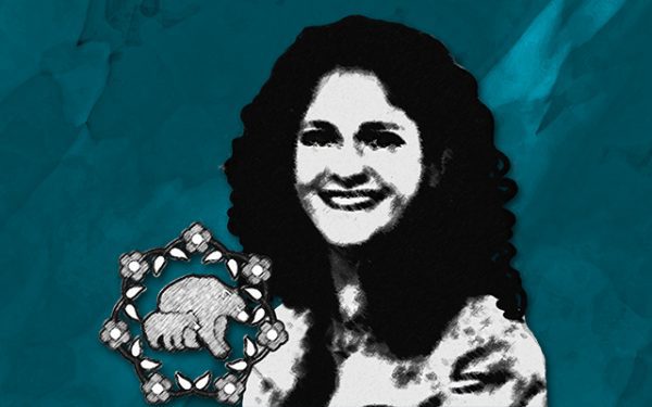A black and white graphic of someone, with a design featuring bears in the bottom left corner, against a turquoise background.