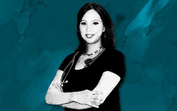 A black and white graphic of a person wearing a black shirt with a stethoscope, against a turquoise background.