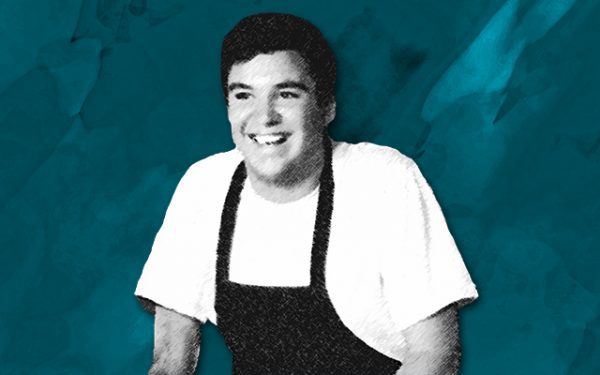A black and white graphic of Jake Tiggelman wearing a white shirt and black apron, against a turquoise background.