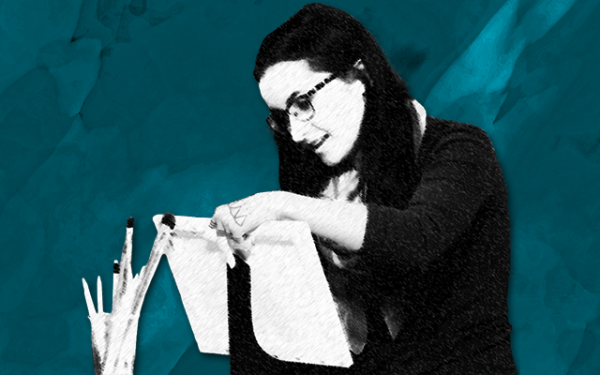 A black and white graphic of a person painting on a canvas, with paint brushes visible as well, against a turquoise background.