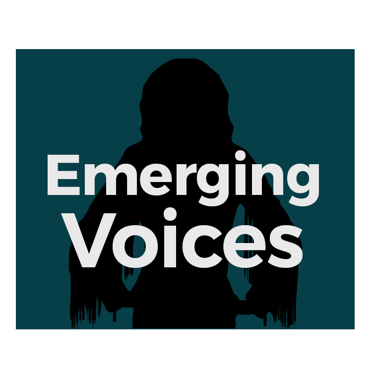 'Emerging Voices' is written in white, with a black silhouette behind the text, on a turquoise background.