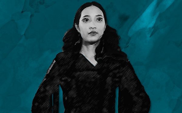 A black and white graphic of someone looking into the distance, with a turquoise background.