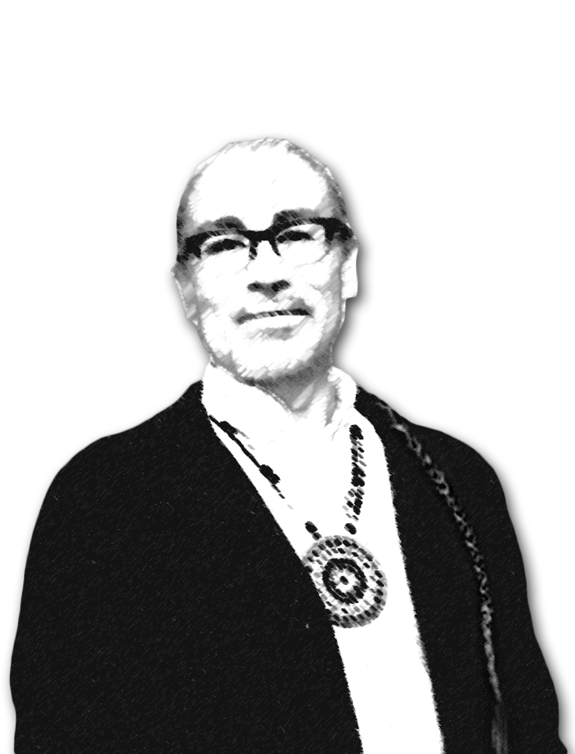 A black and white graphic of Harlan Pruden, against a transparent background.