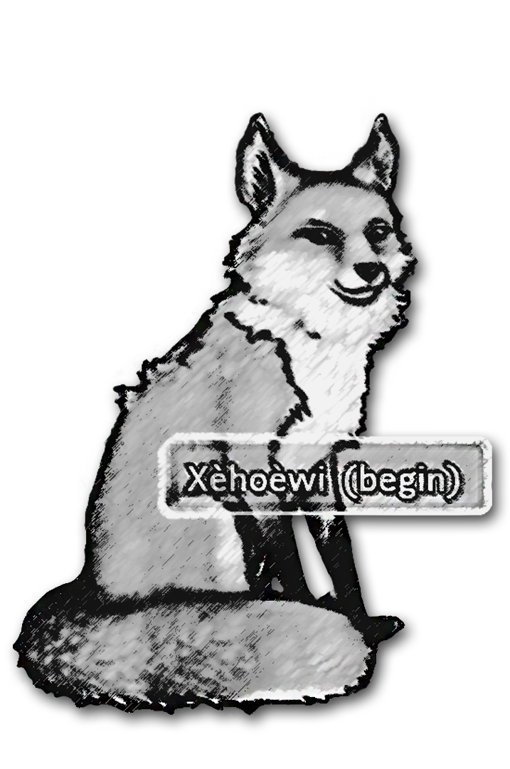 A black and white graphic of a fox, with a banner that says 'Xèhowei (begin)', against a transparent background.