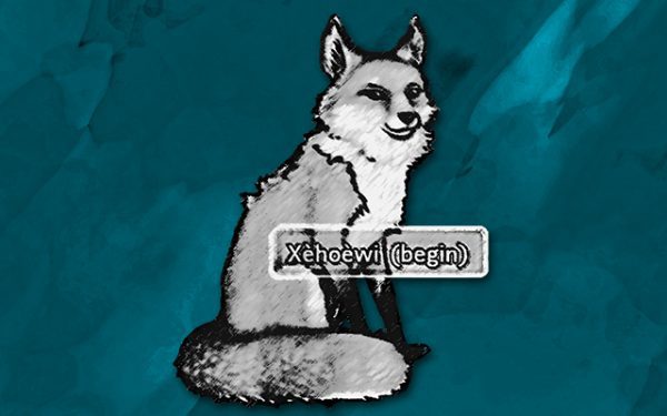 A black and white graphic of a fox, with a banner that says 'Xèhowei (begin)', against a turquoise background.