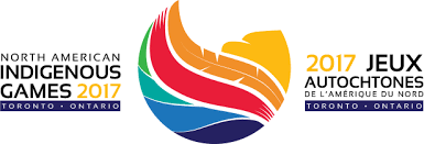 'NORTH AMERICAN INDIGENOUS GAMES 2017 is written in black text, with a multicoloured logo in the middle and a translation of the text on the right side.