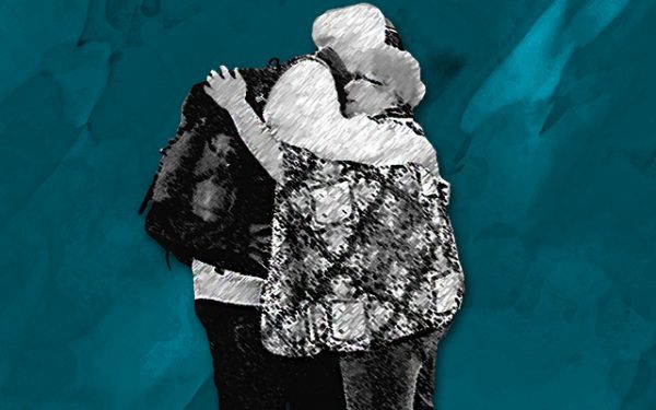 A black and white graphic of two people hugging, against a turquoise background.