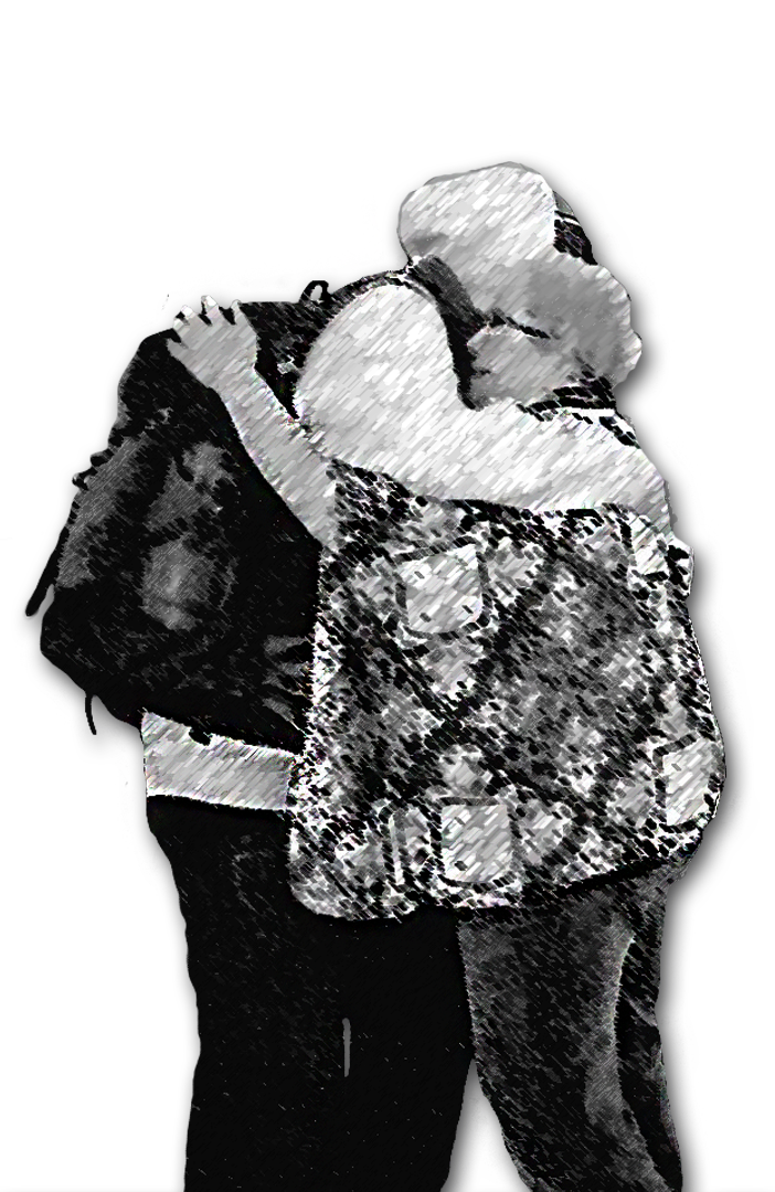 A black and white graphic of two people hugging, against a transparent background.