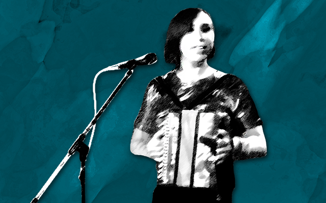 A black and white graphic of a person performing with an instrument and microphone, against a turquoise background.