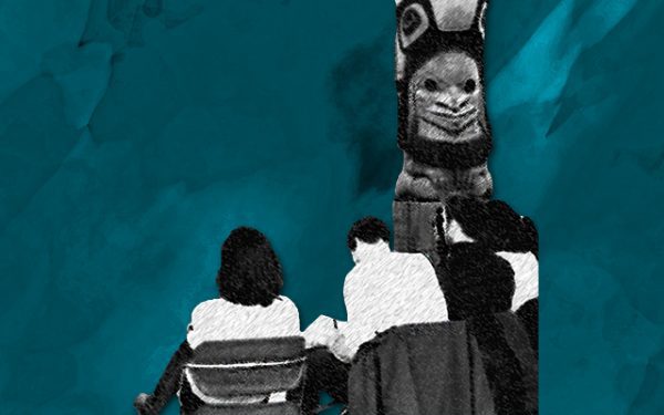 A graphic of multiple people seated, with a turquoise background.