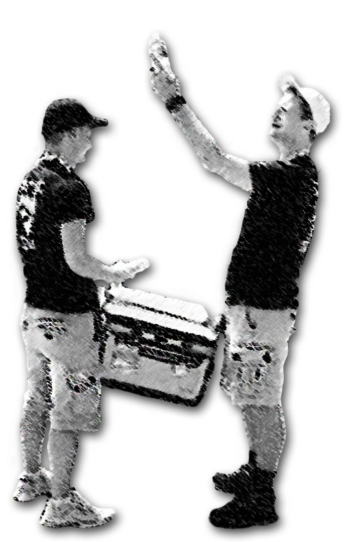 A black and white graphic of two people wearing black shirts and shorts, holding a box.
