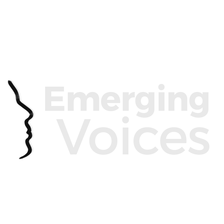 'Emerging Voices' is written in grey text, with the outline of a face on the left side of the text.