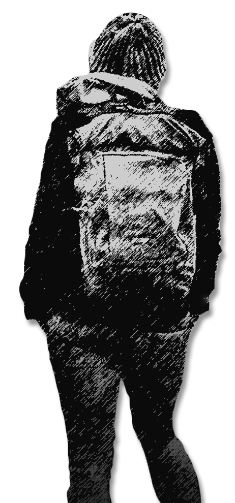 A black and white graphic of a person dressed in dark clothes, wearing a backpack, against a transparent background.