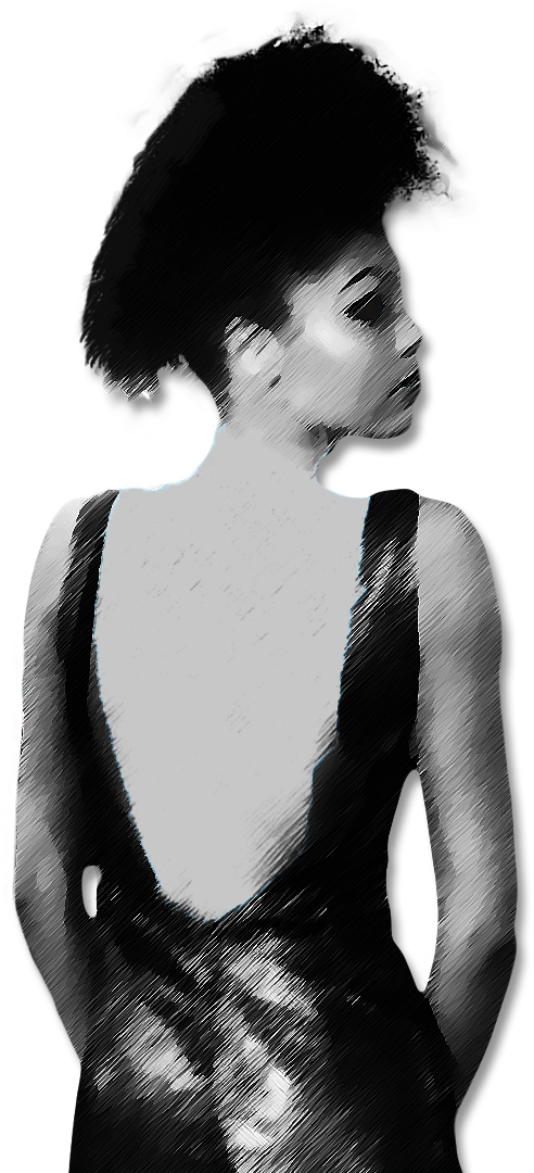 A black and white graphic of the back of a person in a dress, against a transparent background.