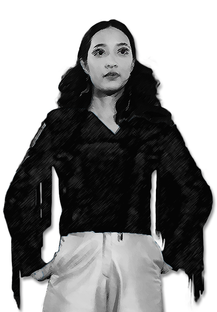 A black and white graphic of a person looking into the distance, on a transparent background.