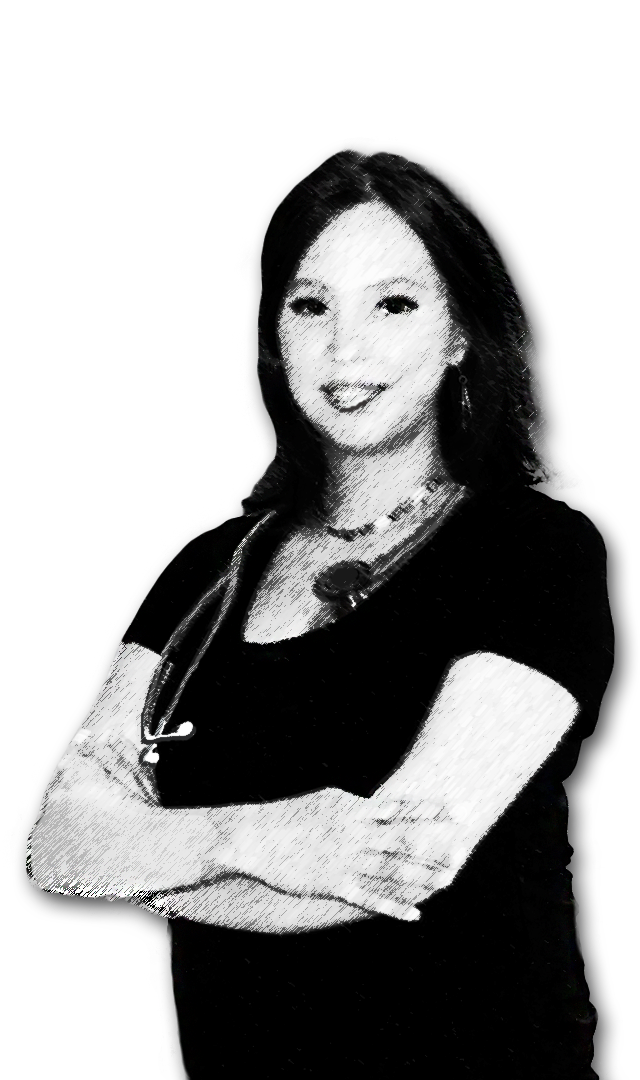 A black and white graphic of a person with their arms crossed, wearing a stethoscope, against a transparent background