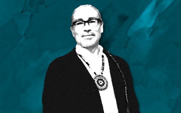 A black and white graphic of Harlan Pruden, against a turquoise background.